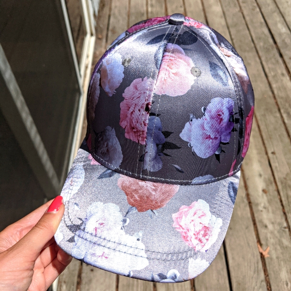 Gray pink floral cap hat